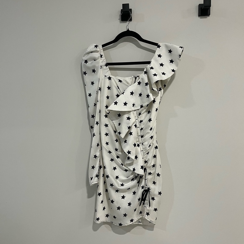 Self Portrait one sleeve white mini dress with black star design